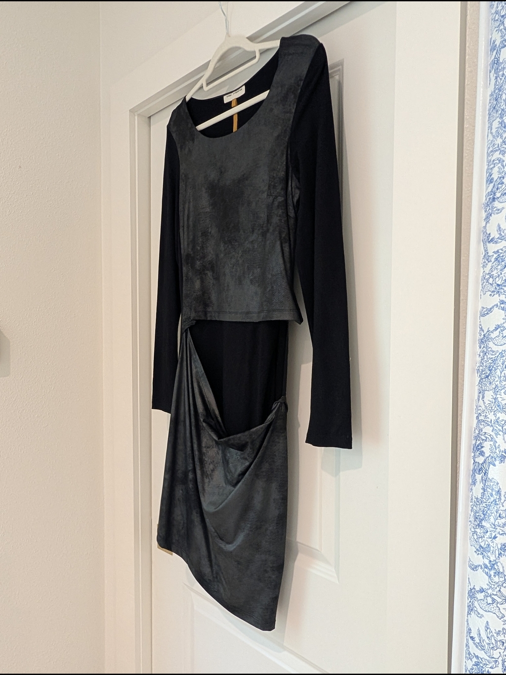 Cop.Copine Black and Charcoal Asymmetric Draped Long-Sleeve Dress - Picture 2 of 9